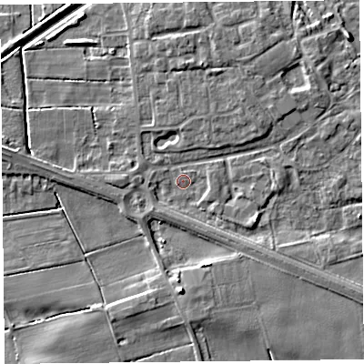 Shaded relief map of the ground around PR98BS, computed from Environment Agency LiDAR. The ground here sits at about 3 m above sea level and falls 5 m across the surrounding 800 m. Surface water reaching this point runs off ground lying to the south-west, 1.2 m higher.