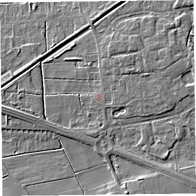 Shaded relief map of the ground around PR98BT, computed from Environment Agency LiDAR. The ground here sits at about 4 m above sea level and falls 5 m across the surrounding 800 m. Surface water reaching this point runs off ground lying to the north-east, 0.8 m higher.