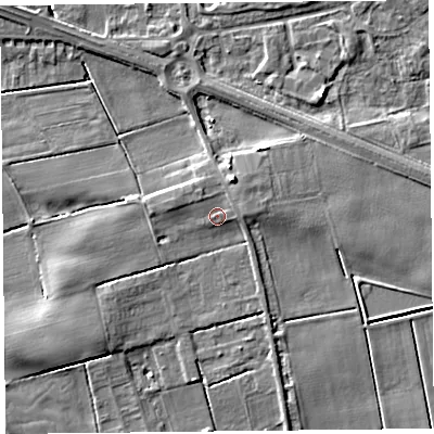 Shaded relief map of the ground around PR98BU, computed from Environment Agency LiDAR. The ground here sits at about 4 m above sea level and falls 5 m across the surrounding 800 m. Surface water reaching this point runs off ground lying to the west, 1.9 m higher.
