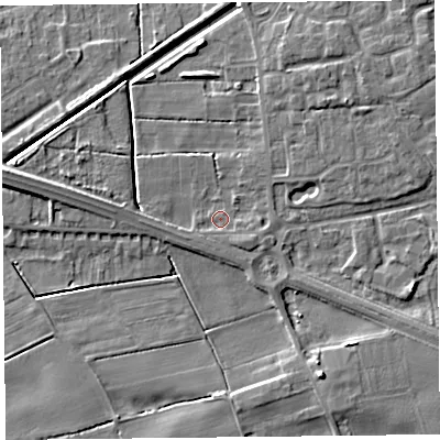 Shaded relief map of the ground around PR98BW, computed from Environment Agency LiDAR. The ground here sits at about 3 m above sea level and falls 6 m across the surrounding 800 m. Surface water reaching this point runs off ground lying to the south-east, 1.4 m higher.