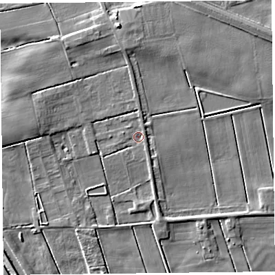 Shaded relief map of the ground around PR98BX, computed from Environment Agency LiDAR. The ground here sits at about 3 m above sea level and falls 7 m across the surrounding 800 m. Surface water reaching this point runs off ground lying to the north-north-east, 1.0 m higher.