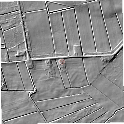 Shaded relief map of the ground around PR98BY, computed from Environment Agency LiDAR. The ground here sits at about 3 m above sea level and falls 4 m across the surrounding 800 m. Surface water reaching this point runs off ground lying to the north, 1.0 m higher.
