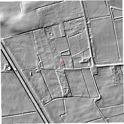 Shaded relief map of the ground around PR98BZ, computed from Environment Agency LiDAR. The ground here sits at about 2 m above sea level and falls 5 m across the surrounding 800 m. Surface water reaching this point runs off ground lying to the north-east, 2.6 m higher.