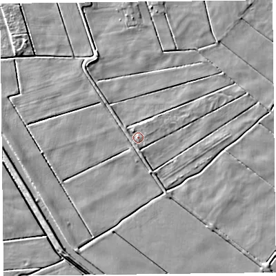 Shaded relief map of the ground around PR98DA, computed from Environment Agency LiDAR. The ground here sits at about 2 m above sea level and falls 4 m across the surrounding 800 m. Surface water reaching this point runs off ground lying to the south-west, 1.0 m higher.