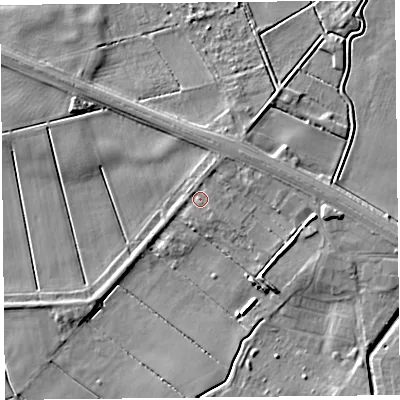 Shaded relief map of the ground around PR98DB, computed from Environment Agency LiDAR. The ground here sits at about 3 m above sea level and falls 6 m across the surrounding 800 m. Surface water reaching this point runs off ground lying to the north, 1.1 m higher.