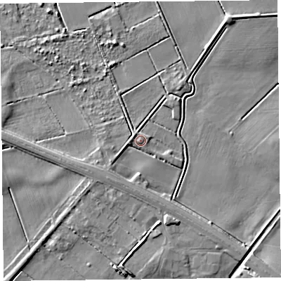 Shaded relief map of the ground around PR98DD, computed from Environment Agency LiDAR. The ground here sits at about 4 m above sea level and falls 6 m across the surrounding 800 m. Surface water reaching this point runs off ground lying to the south-west, 3.1 m higher.