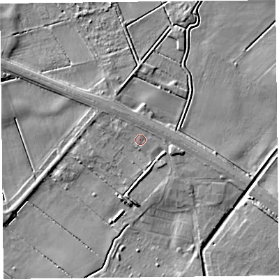 Shaded relief map of the ground around PR98DE, computed from Environment Agency LiDAR. The ground here sits at about 4 m above sea level and falls 6 m across the surrounding 800 m. Surface water reaching this point runs off ground lying to the north-north-west, 1.1 m higher.