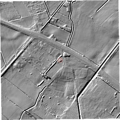Shaded relief map of the ground around PR98DF, computed from Environment Agency LiDAR. The ground here sits at about 5 m above sea level and falls 6 m across the surrounding 800 m. Surface water reaching this point runs off ground lying to the north-north-east, 2.7 m higher.