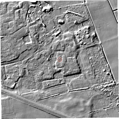 Shaded relief map of the ground around PR98DG, computed from Environment Agency LiDAR. The ground here sits at about 4 m above sea level and falls 6 m across the surrounding 800 m. Surface water reaching this point runs off ground lying to the south, 1.7 m higher.