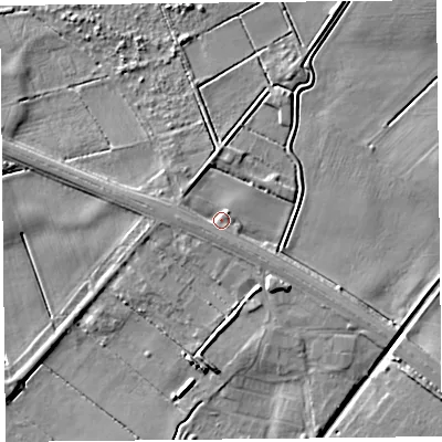 Shaded relief map of the ground around PR98DH, computed from Environment Agency LiDAR. The ground here sits at about 4 m above sea level and falls 6 m across the surrounding 800 m. Surface water reaching this point runs off ground lying to the west, 2.1 m higher.