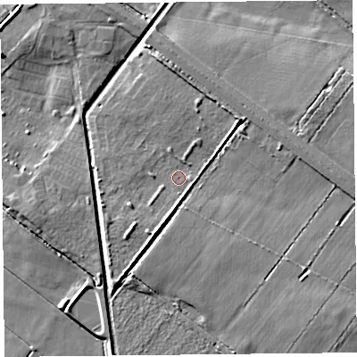 Shaded relief map of the ground around PR98DJ, computed from Environment Agency LiDAR. The ground here sits at about 3 m above sea level and falls 6 m across the surrounding 800 m. Surface water reaching this point runs off ground lying to the north-east, 3.4 m higher.
