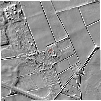 Shaded relief map of the ground around PR98DL, computed from Environment Agency LiDAR. The ground here sits at about 3 m above sea level and falls 4 m across the surrounding 800 m. Surface water reaching this point runs off ground lying to the south-south-east, 1.6 m higher.