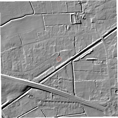 Shaded relief map of the ground around PR98DN, computed from Environment Agency LiDAR. The ground here sits at about 4 m above sea level and falls 7 m across the surrounding 800 m. Surface water reaching this point runs off ground lying to the south-south-east, 1.9 m higher.