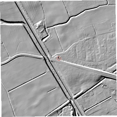Shaded relief map of the ground around PR98DQ, computed from Environment Agency LiDAR. The ground here sits at about 4 m above sea level and falls 9 m across the surrounding 800 m. Surface water reaching this point runs off ground lying to the east-south-east, 4.6 m higher.