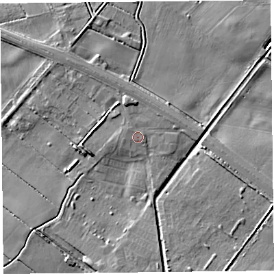 Shaded relief map of the ground around PR98DR, computed from Environment Agency LiDAR. The ground here sits at about 4 m above sea level and falls 6 m across the surrounding 800 m. Surface water reaching this point runs off ground lying to the north-west, 0.6 m higher.