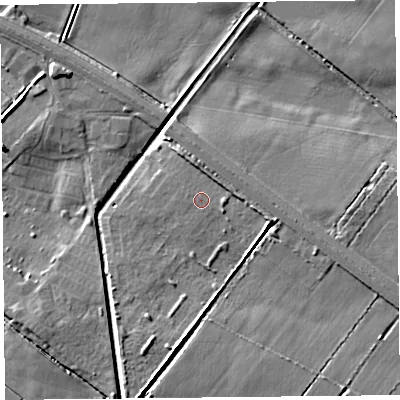 Shaded relief map of the ground around PR98DS, computed from Environment Agency LiDAR. The ground here sits at about 4 m above sea level and falls 6 m across the surrounding 800 m. Surface water reaching this point runs off ground lying to the east, 0.9 m higher.