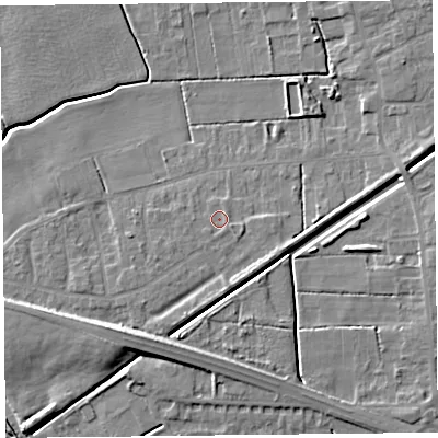 Shaded relief map of the ground around PR98DT, computed from Environment Agency LiDAR. The ground here sits at about 4 m above sea level and falls 9 m across the surrounding 800 m. Surface water reaching this point runs off ground lying to the south-east, 0.7 m higher.