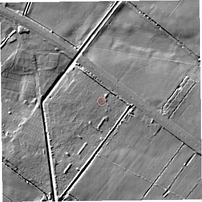 Shaded relief map of the ground around PR98DW, computed from Environment Agency LiDAR. The ground here sits at about 4 m above sea level and falls 6 m across the surrounding 800 m. Surface water reaching this point runs off ground lying to the east-north-east, 1.7 m higher.
