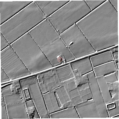 Shaded relief map of the ground around PR98DX, computed from Environment Agency LiDAR. The ground here sits at about 6 m above sea level and falls 5 m across the surrounding 800 m. Surface water reaching this point runs off ground lying to the north, 1.4 m higher.