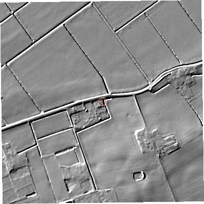 Shaded relief map of the ground around PR98DY, computed from Environment Agency LiDAR. The ground here sits at about 5 m above sea level and falls 5 m across the surrounding 800 m. Surface water reaching this point runs off ground lying to the east-south-east, 3.8 m higher.