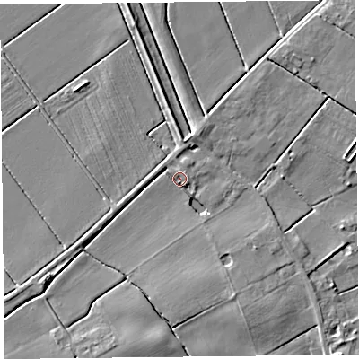Shaded relief map of the ground around PR98DZ, computed from Environment Agency LiDAR. The ground here sits at about 5 m above sea level and falls 5 m across the surrounding 800 m. Surface water reaching this point runs off ground lying to the east-north-east, 2.4 m higher.