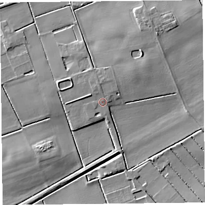 Shaded relief map of the ground around PR98EB, computed from Environment Agency LiDAR. The ground here sits at about 6 m above sea level and falls 6 m across the surrounding 800 m. Surface water reaching this point runs off ground lying to the north-north-west, 0.9 m higher.