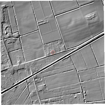 Shaded relief map of the ground around PR98ED, computed from Environment Agency LiDAR. The ground here sits at about 4 m above sea level and falls 6 m across the surrounding 800 m. Surface water reaching this point runs off ground lying to the south-south-west, 2.3 m higher.