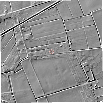 Shaded relief map of the ground around PR98EE, computed from Environment Agency LiDAR. The ground here sits at about 5 m above sea level and falls 6 m across the surrounding 800 m. Surface water reaching this point runs off ground lying to the east-north-east, 1.0 m higher.