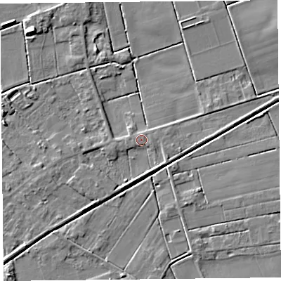 Shaded relief map of the ground around PR98EH, computed from Environment Agency LiDAR. The ground here sits at about 4 m above sea level and falls 6 m across the surrounding 800 m. Surface water reaching this point runs off ground lying to the south-east, 2.8 m higher.