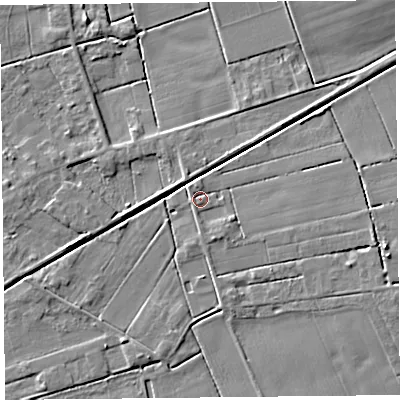 Shaded relief map of the ground around PR98EJ, computed from Environment Agency LiDAR. The ground here sits at about 4 m above sea level and falls 6 m across the surrounding 800 m. Surface water reaching this point runs off ground lying to the north-north-west, 1.4 m higher.