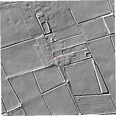Shaded relief map of the ground around PR98EL, computed from Environment Agency LiDAR. The ground here sits at about 5 m above sea level and falls 7 m across the surrounding 800 m. Surface water reaching this point runs off ground lying to the east-north-east, 1.8 m higher.