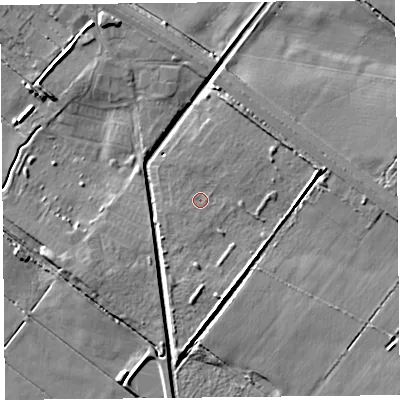 Shaded relief map of the ground around PR98EP, computed from Environment Agency LiDAR. The ground here sits at about 3 m above sea level and falls 6 m across the surrounding 800 m. Surface water reaching this point runs off ground lying to the east-north-east, 3.4 m higher.