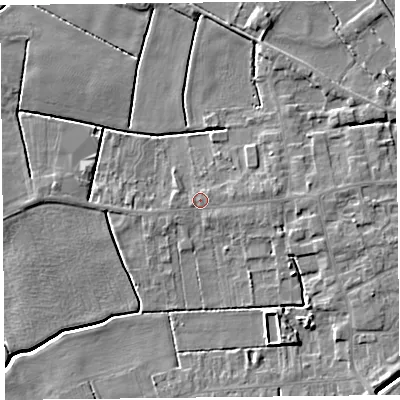 Shaded relief map of the ground around PR98ER, computed from Environment Agency LiDAR. The ground here sits at about 4 m above sea level and falls 6 m across the surrounding 800 m. Surface water reaching this point runs off ground lying to the east, 1.7 m higher.