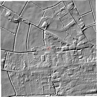 Shaded relief map of the ground around PR98ES, computed from Environment Agency LiDAR. The ground here sits at about 3 m above sea level and falls 5 m across the surrounding 800 m. Surface water reaching this point runs off ground lying to the south, 2.1 m higher.