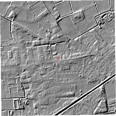 Shaded relief map of the ground around PR98ET, computed from Environment Agency LiDAR. The ground here sits at about 4 m above sea level and falls 5 m across the surrounding 800 m. Surface water reaching this point runs off ground lying to the south, 2.5 m higher.