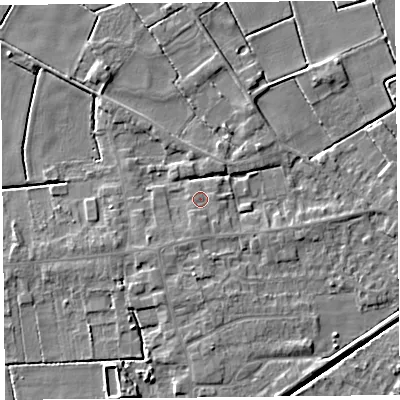 Shaded relief map of the ground around PR98EU, computed from Environment Agency LiDAR. The ground here sits at about 4 m above sea level and falls 5 m across the surrounding 800 m. Surface water reaching this point runs off ground lying to the south, 1.2 m higher.