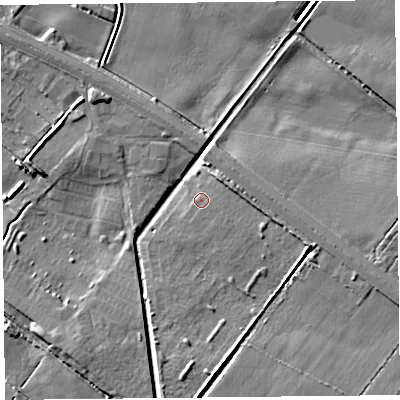 Shaded relief map of the ground around PR98EW, computed from Environment Agency LiDAR. The ground here sits at about 4 m above sea level and falls 6 m across the surrounding 800 m. Surface water reaching this point runs off ground lying to the east-south-east, 1.7 m higher.