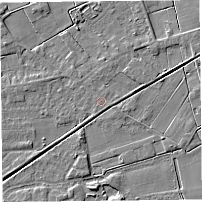 Shaded relief map of the ground around PR98EX, computed from Environment Agency LiDAR. The ground here sits at about 4 m above sea level and falls 5 m across the surrounding 800 m. Surface water reaching this point runs off ground lying to the east-south-east, 0.8 m higher.