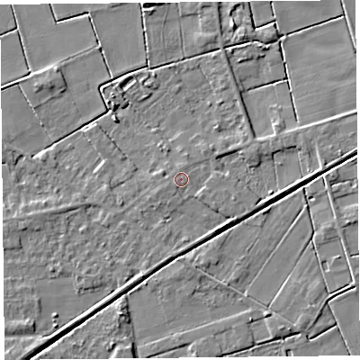 Shaded relief map of the ground around PR98EY, computed from Environment Agency LiDAR. The ground here sits at about 4 m above sea level and falls 5 m across the surrounding 800 m. Surface water reaching this point runs off ground lying to the south-east, 2.1 m higher.