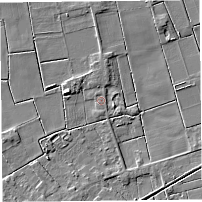 Shaded relief map of the ground around PR98EZ, computed from Environment Agency LiDAR. The ground here sits at about 3 m above sea level and falls 6 m across the surrounding 800 m. Surface water reaching this point runs off ground lying to the east-south-east, 3.5 m higher.