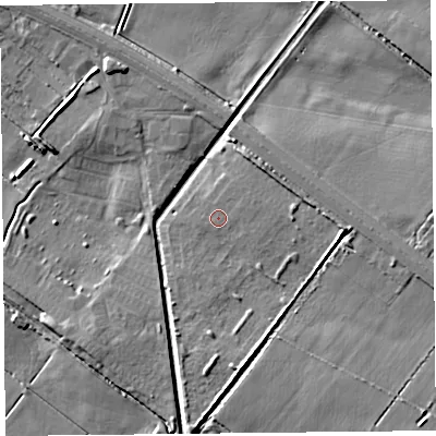 Shaded relief map of the ground around PR98FA, computed from Environment Agency LiDAR. The ground here sits at about 3 m above sea level and falls 6 m across the surrounding 800 m. Surface water reaching this point runs off ground lying to the north-east, 1.0 m higher.
