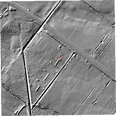 Shaded relief map of the ground around PR98FD, computed from Environment Agency LiDAR. The ground here sits at about 3 m above sea level and falls 7 m across the surrounding 800 m. Surface water reaching this point runs off ground lying to the north-north-east, 2.2 m higher.
