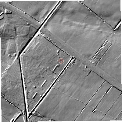 Shaded relief map of the ground around PR98FE, computed from Environment Agency LiDAR. The ground here sits at about 4 m above sea level and falls 6 m across the surrounding 800 m. Surface water reaching this point runs off ground lying to the north-north-east, 1.7 m higher.