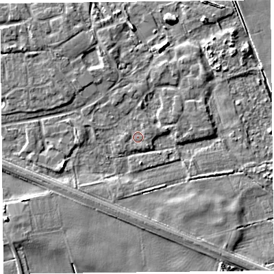 Shaded relief map of the ground around PR98FF, computed from Environment Agency LiDAR. The ground here sits at about 4 m above sea level and falls 6 m across the surrounding 800 m. Surface water reaching this point runs off ground lying to the south-east, 0.7 m higher.