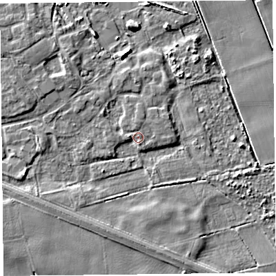 Shaded relief map of the ground around PR98FG, computed from Environment Agency LiDAR. The ground here sits at about 4 m above sea level and falls 6 m across the surrounding 800 m. Surface water reaching this point runs off ground lying to the north-west, 3.1 m higher.