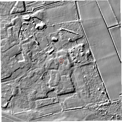 Shaded relief map of the ground around PR98FH, computed from Environment Agency LiDAR. The ground here sits at about 4 m above sea level and falls 6 m across the surrounding 800 m. Surface water reaching this point runs off ground lying to the east-south-east, 1.3 m higher.