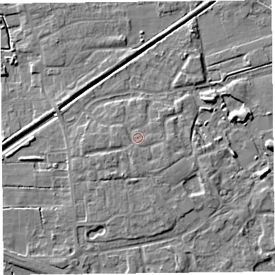 Shaded relief map of the ground around PR98FL, computed from Environment Agency LiDAR. The ground here sits at about 6 m above sea level and falls 6 m across the surrounding 800 m. Surface water reaching this point runs off ground lying to the south, 1.0 m higher.