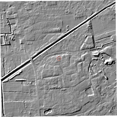 Shaded relief map of the ground around PR98FN, computed from Environment Agency LiDAR. The ground here sits at about 5 m above sea level and falls 5 m across the surrounding 800 m. Surface water reaching this point runs off ground lying to the south, 2.0 m higher.