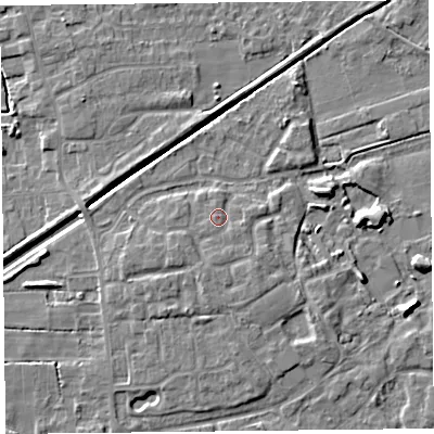 Shaded relief map of the ground around PR98FP, computed from Environment Agency LiDAR. The ground here sits at about 5 m above sea level and falls 6 m across the surrounding 800 m. Surface water reaching this point runs off ground lying to the south, 1.5 m higher.