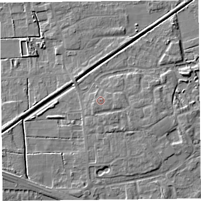 Shaded relief map of the ground around PR98FQ, computed from Environment Agency LiDAR. The ground here sits at about 6 m above sea level and falls 5 m across the surrounding 800 m. Surface water reaching this point runs off ground lying to the east, 0.6 m higher.